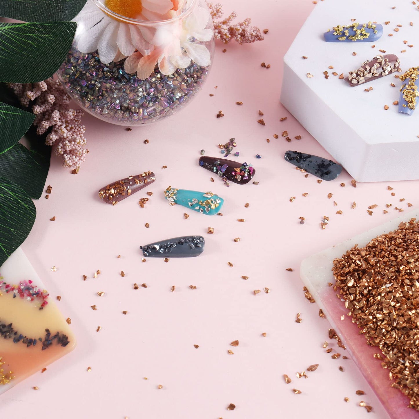 Ceya 5.3oz/ 150g Crushed Irregular Glass Grass Green Metallic Crystal Chips Broken Glass Glitter 2-4mm Craft Chunky Glitter for Nails Art Epoxy Resin Mold Coasters Ornament Painting Geode Phone Case