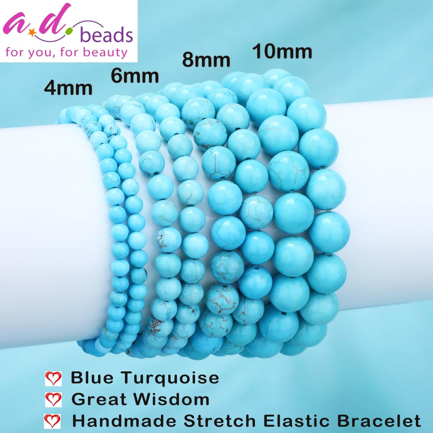 AD Beads 4mm Handmade Blue Turquoise Elastic Bracelet – Natural Gemstone for Great Wisdom – Meditation, Yoga, Healing and Energy Gift for Men Women