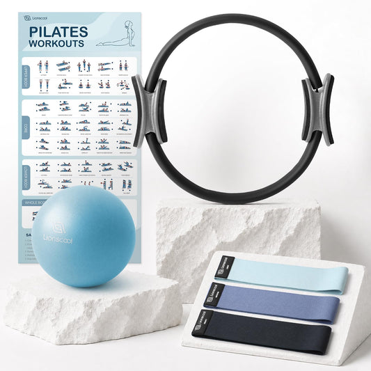LIONSCOOL Pilates Ring Set (Black) - 14" Anti-Deformation Magic Circle with Padded Handles, 9" Mini Ball, Non-Slip Fabric Resistance Bands, Guide & Bag