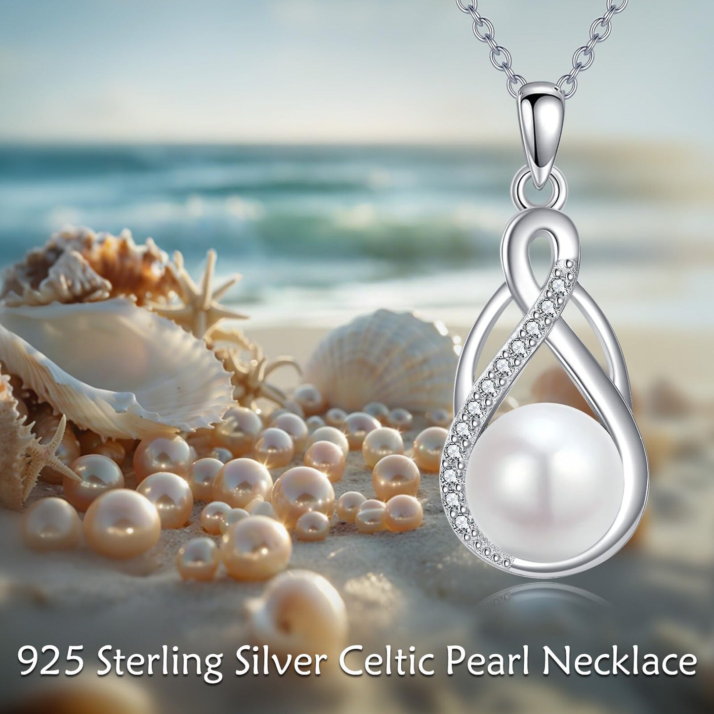 YFN Pearl Celtic Necklace S925 Sterling Silver for Women, Anniversary Irish Celtic Knot Jewelry Present for Women, Birthday Gifts (10mm Pearl Celtic Necklace)