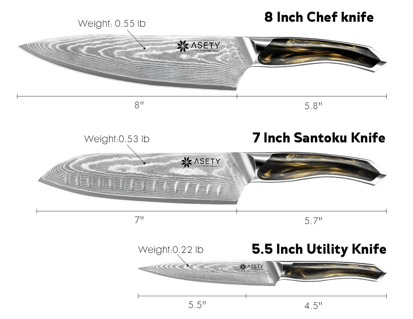 ASETY Damascus Knife Set 3 PCS: Ultra-Sharp Professional Chef Knife Set, Japanese Kitchen Knives with VG10 Steel Core, Full Tang Resin Handle, Elegant Box for Men Women
