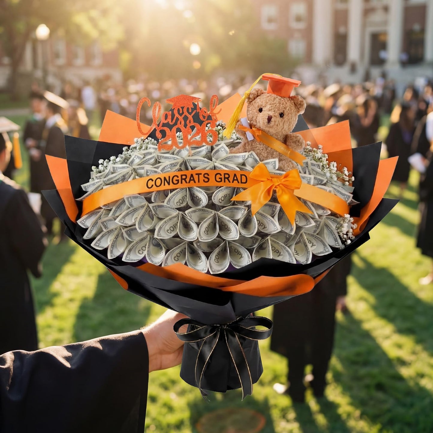 Seenelling 80 Pcs Graduation Money Flower Bouquet Wrapping Accessories Kit, 20 Flower Wrapping Paper 50 Sticks 2 Card Inserts 1 Bear 3 Ribbons DIY Crafts Gifts for Graduation Birthday(Orange)