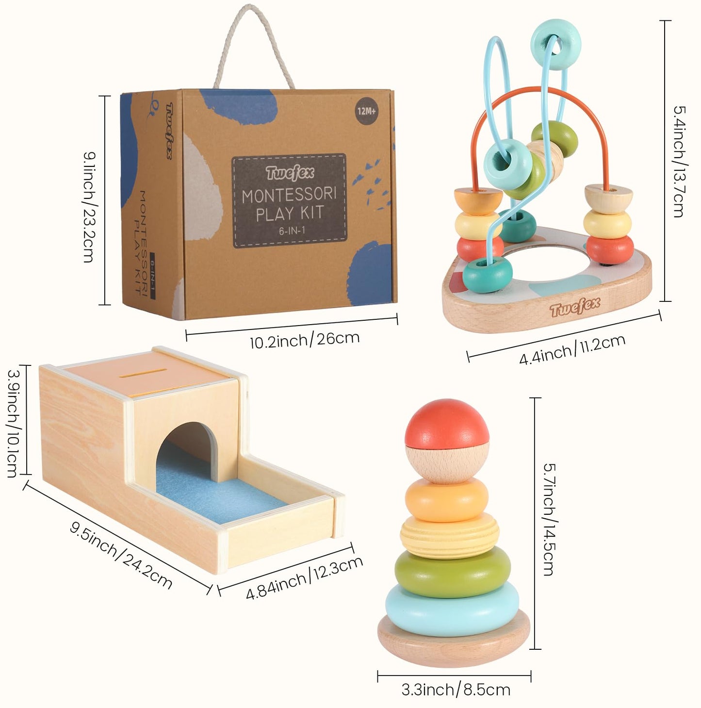 Twefex Wooden Montessori Learning Toys Kit,Babies Toys Set for 1 Year Old, Sensory and Thinking Play kit for Toddlers (Boys and Girls). 4 in 1 Drop Box; Rocking Stacker; Bead Maze.
