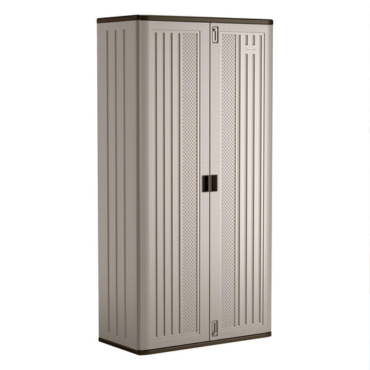 Suncast 31 Cubic Feet Mega Tall Storage Cabinet with 3 Adjustable Shelves, Platinum Metallic & Slate – Garage or Basement Utility Resin Organizer with 75 Pound Capacity Per Shelf and Lockable Doors