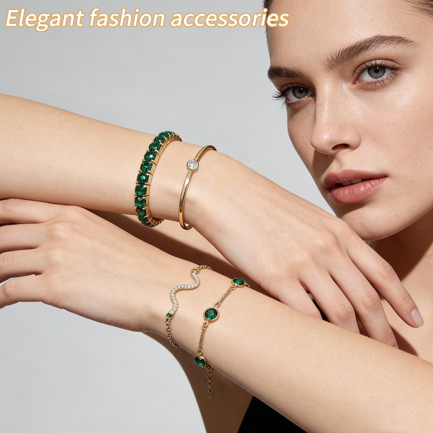 VEINARDYL Gold Birthstone Bracelets for Women, Green Birthstone Layered Jewelry Cuff Gold Plated Bangles, Open Adjustable Bracelets Fashion Accessories Jewelry Set for Mothers Day Gifts