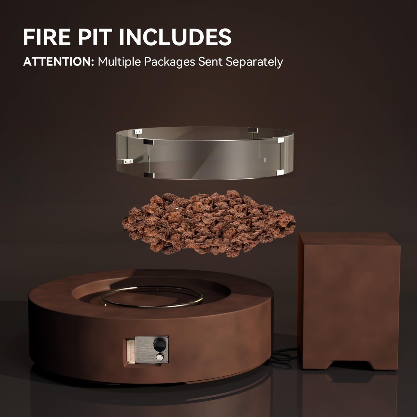 COSIEST 2-Piece Outdoor Propane Firepit Table Set w Tank Table, 42 inch Dark Fire Table Certified, 50,000 BTU w Bronze Round Base,Wind Guard and 16 inches Tank Side Table 20lb for Garden,Pool