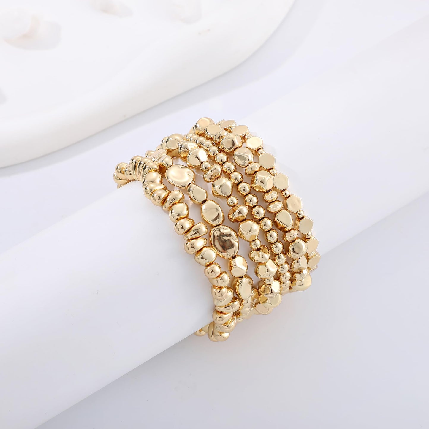 Sajidos Gold Plated Beaded Bracelets for Women Trendy, 14K Gold Plated Stack Cross Pearl Gold Plated Bead Stretch Bracelets Set Elastic Hypoallergenic Bracelets Jewelry Gifts (style5-12)