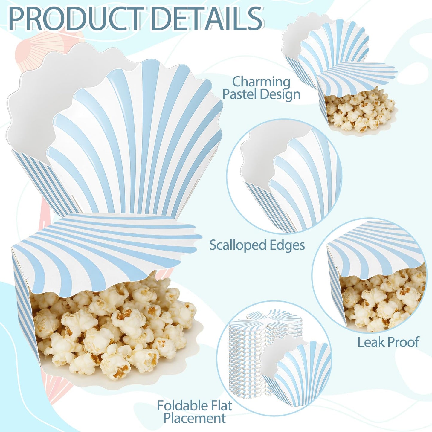 LemonRoad 24 Pcs Scalloped Blue Striped Popcorn Boxes Shell Last Toast on the Coast Party Favor Blue Seashell Treat Boxes for Coastal Beach Mermaid Themed Supplies Ocean Under the Sea Party Favors