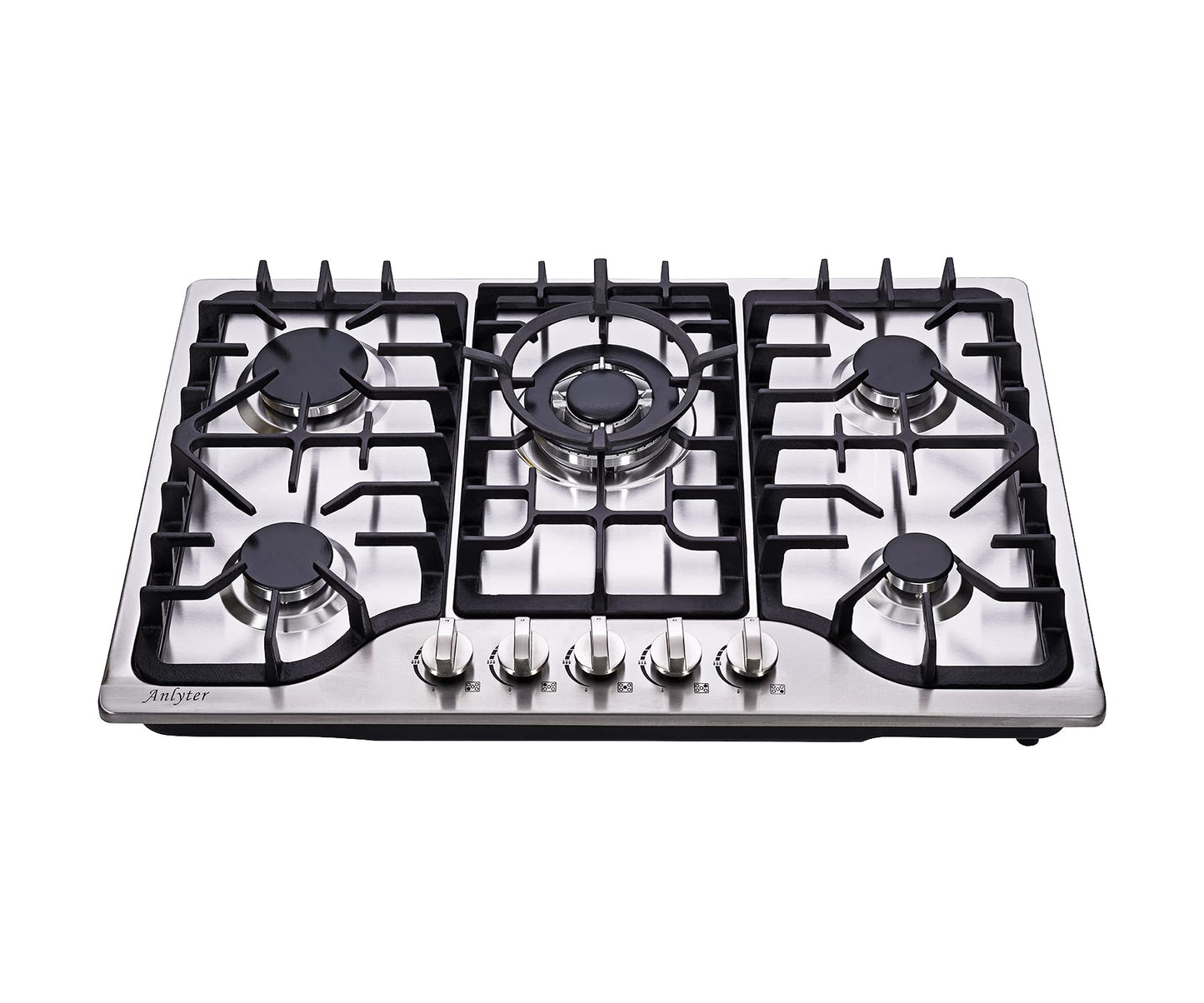 Anlyter 30 Inch Gas Cooktop, 5 Burners Built-in Gas Stovetop Stainless Steel LPG/NG Gas Stove Dual Fuel Sealed Gas Hob with Wok Stand and Pressure Regulator