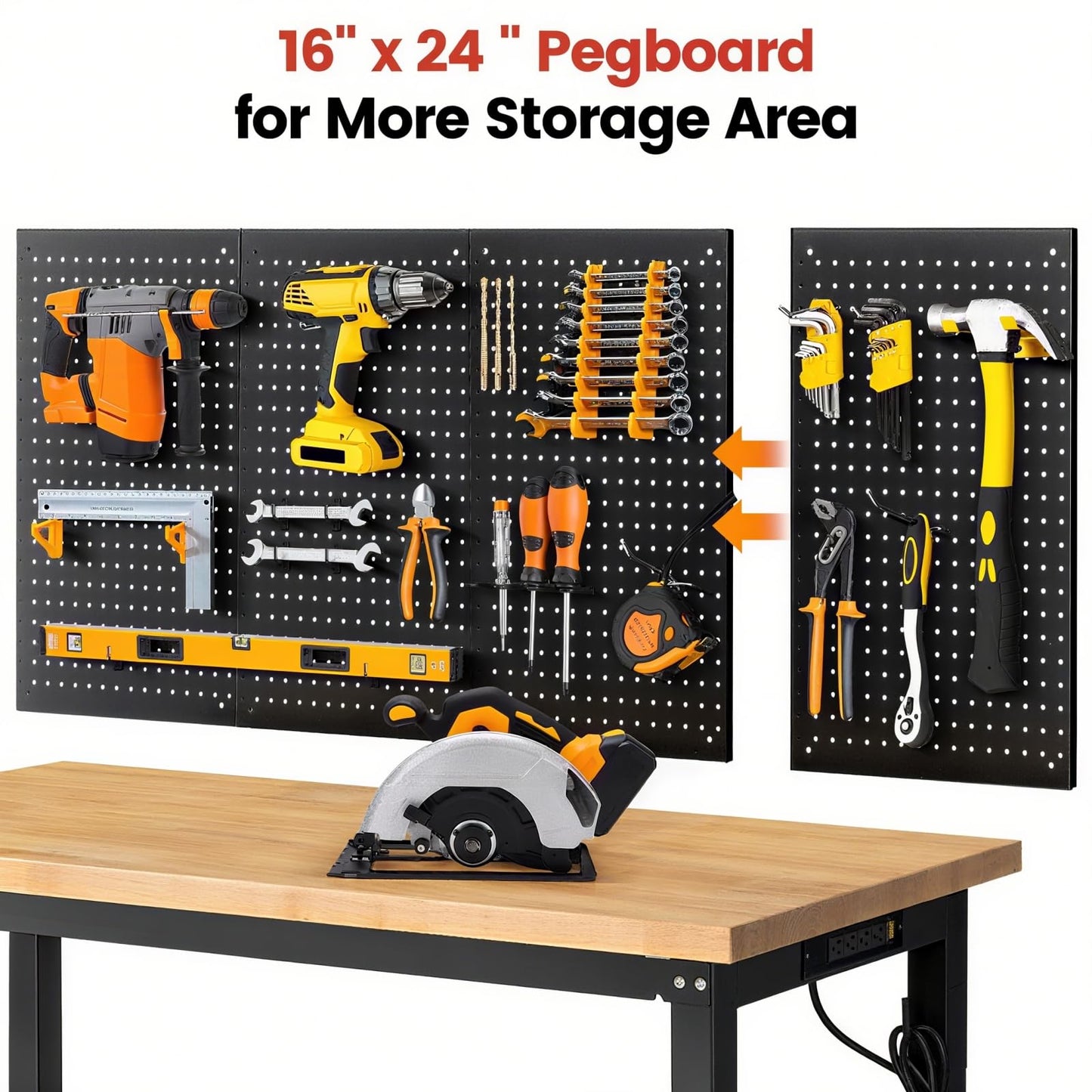 ENJOYWOOD 60" x 22" Heavy Duty Workbench Adjustable Height Garage Work Table with Solid Rubberwood Top, Pegboard & Power Outlets for Workshop, Home & Office
