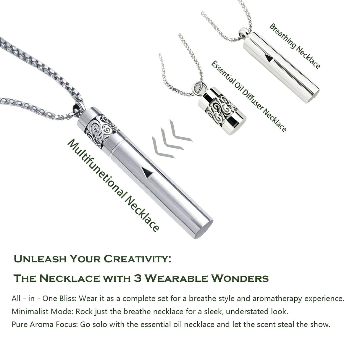 phaxud Stainless Steel Mindfulness Breathing Necklace for Anxiety Original Upgrades Multifunctional Breathlink with Essential Oil Diffuser Multifunctional Jewelry (B)