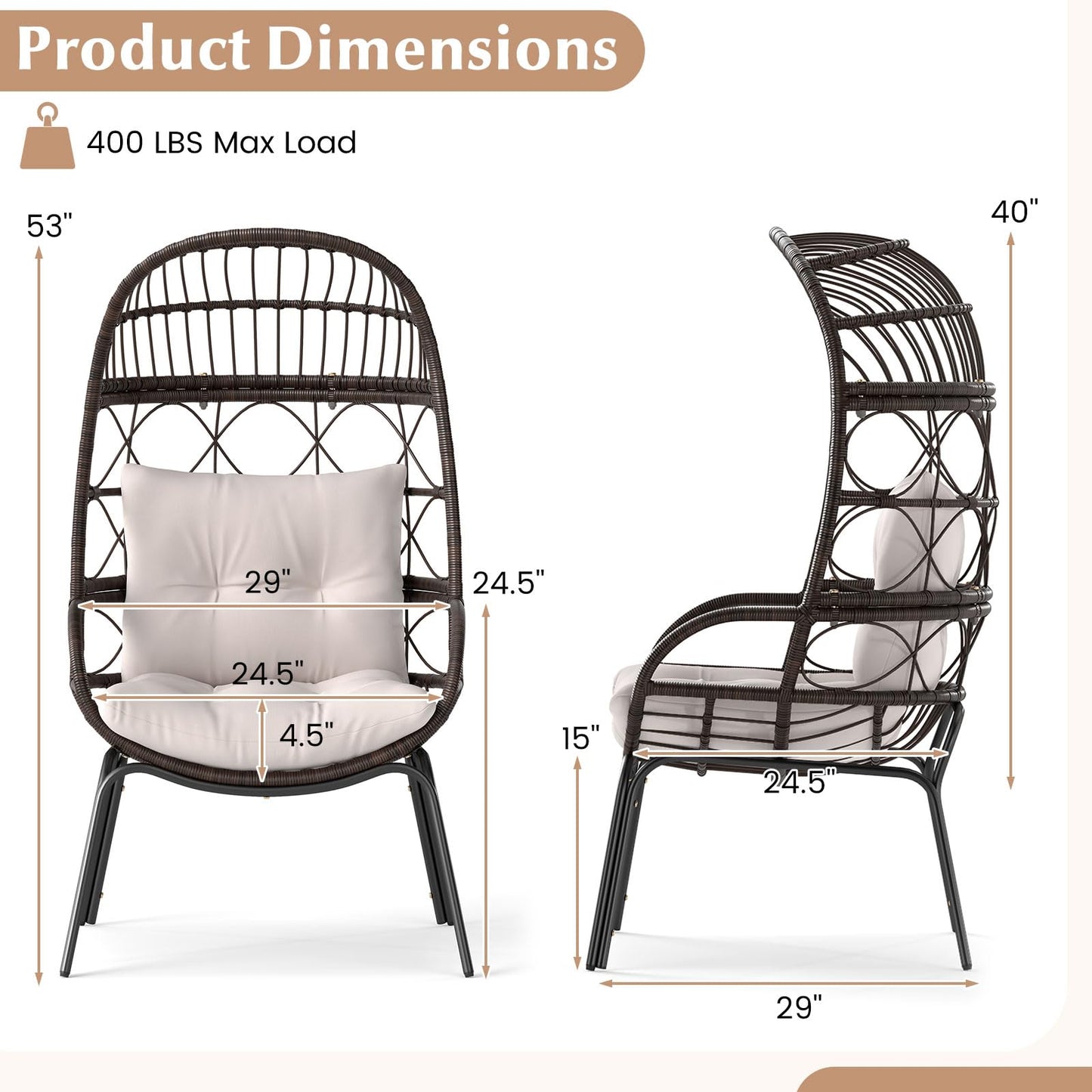 Tangkula Narrow Wicker Egg Chair Outdoor, Patio Rattan Lounge Basket with Seat & Back Cushions, Metal Indoor Outdoor Leisure Sofa Cocoon Chair for Bedroom, Backyard, Balcony, 400 lbs Max Load
