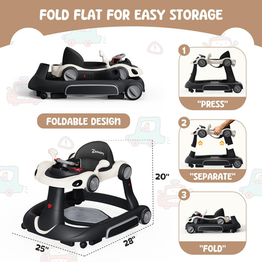 6 in 1 Foldable Baby Walker, Activity Baby Walker-Baby Bouncer, Rocker, Activity Center,Push Walker,Detachable Trampoline Mat, Adjustable Speed Rear Wheels and Height,Music & Lights,Ages 6-18 Months