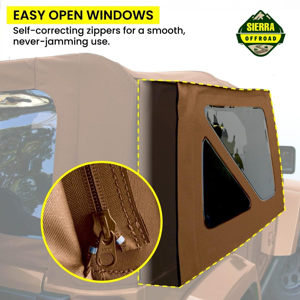 Sierra Offroad Soft Top for 1997 to 2006 Jeep Wrangler TJ - Spice, Sailcloth Vinyl - 2 Door Jeep Soft Top with Rear Plastic Tinted Windows - Factory Precision Fit Replacement - No Upper Door Skins