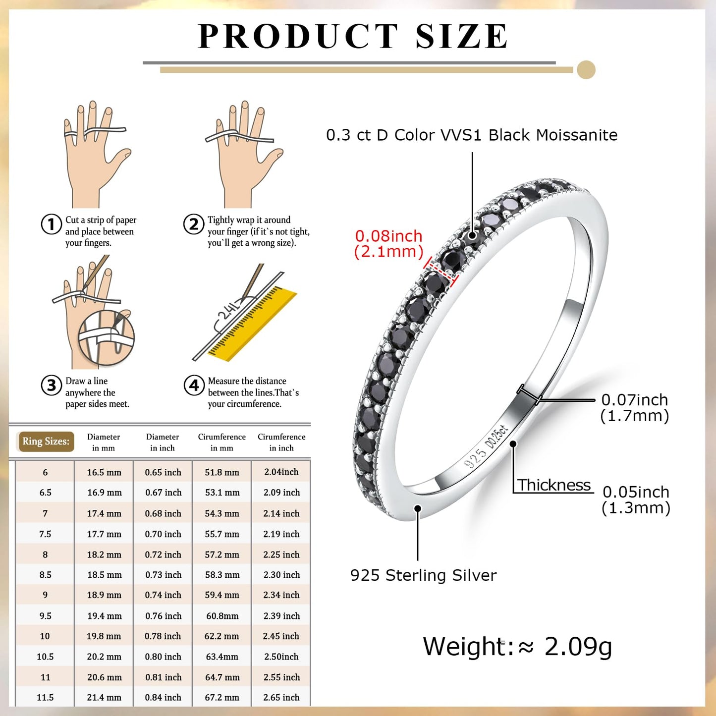 AGRULE Black Moissanite Rings for Women 1.7mm Width Wedding Band Lab Diamond Eternity Band Rings Bezel Set Anniversary Ring 0.25 Cttw. Size 9