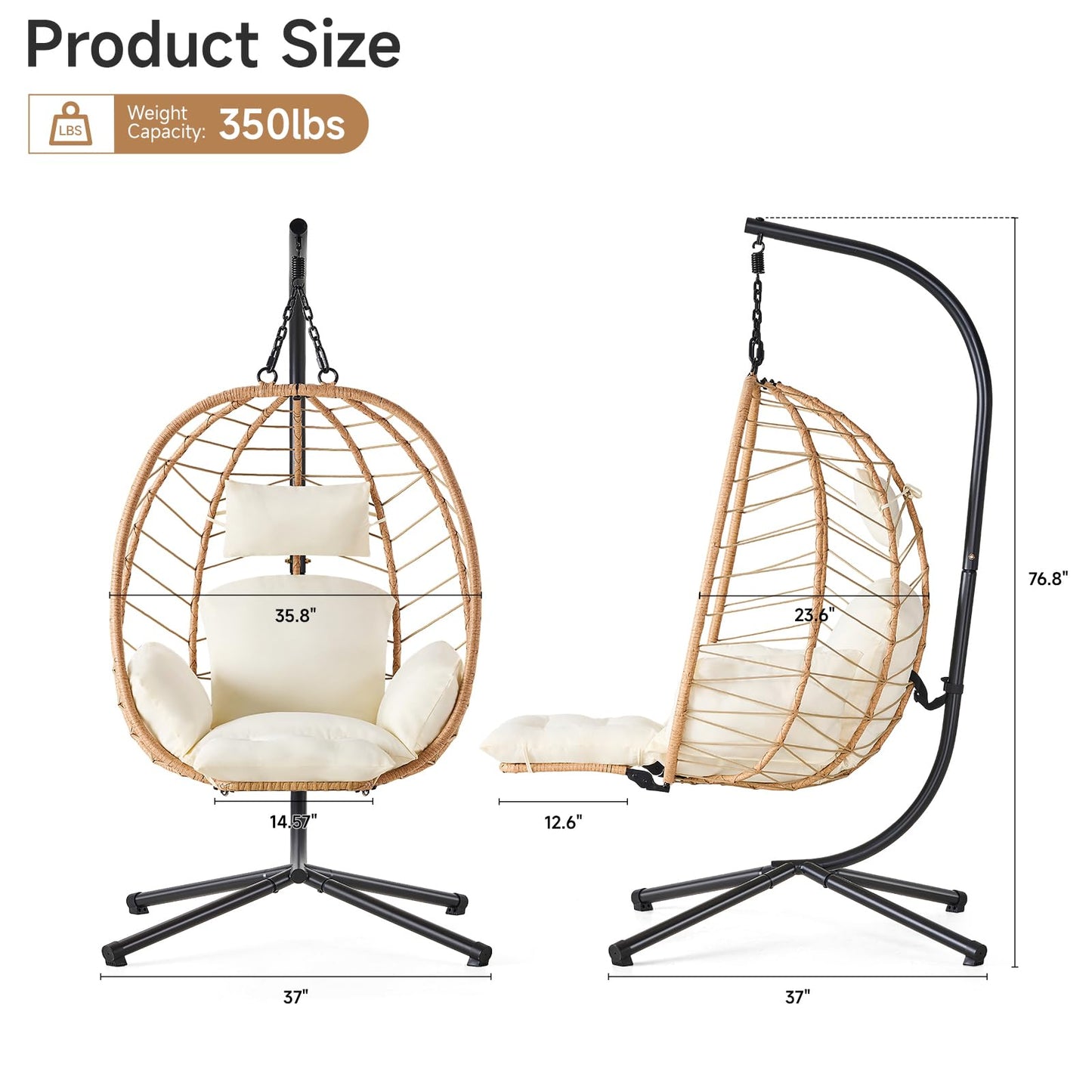 Wicker Egg Chair Outdoor, Hammock Chair with Footrest & Stand, Patio Swing with Cushion & Double Chains, Hanging Aluminum Alloy Steel Frame, 350LBS Capacity for Deck, Balcony, Beige