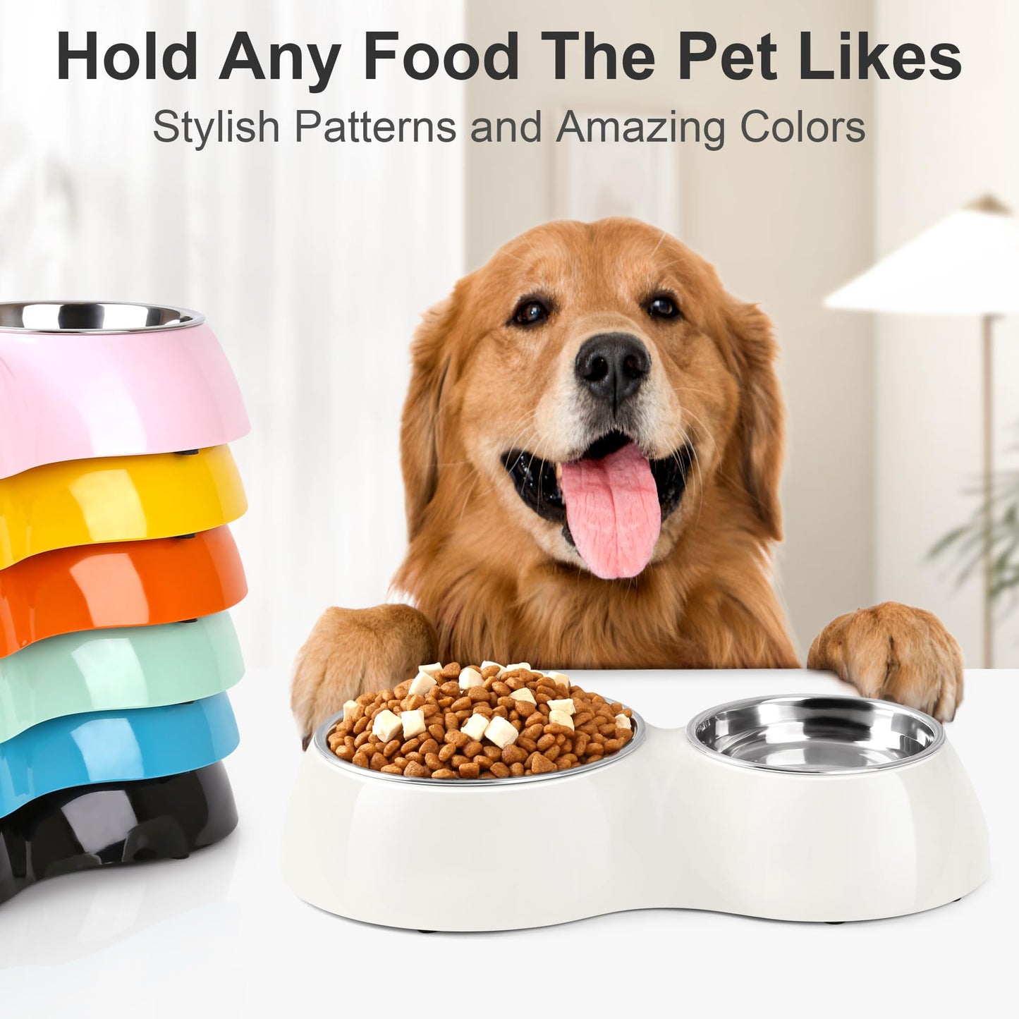 PetVillage Elevated Dog Bowls Set - Non-Slip Raised Pet Feeder with Medium (10 oz) & Large (20 oz) Stainless Steel Bowls - Includes Durable Resin Stand for Corgi Puppies and Adult Cats - White