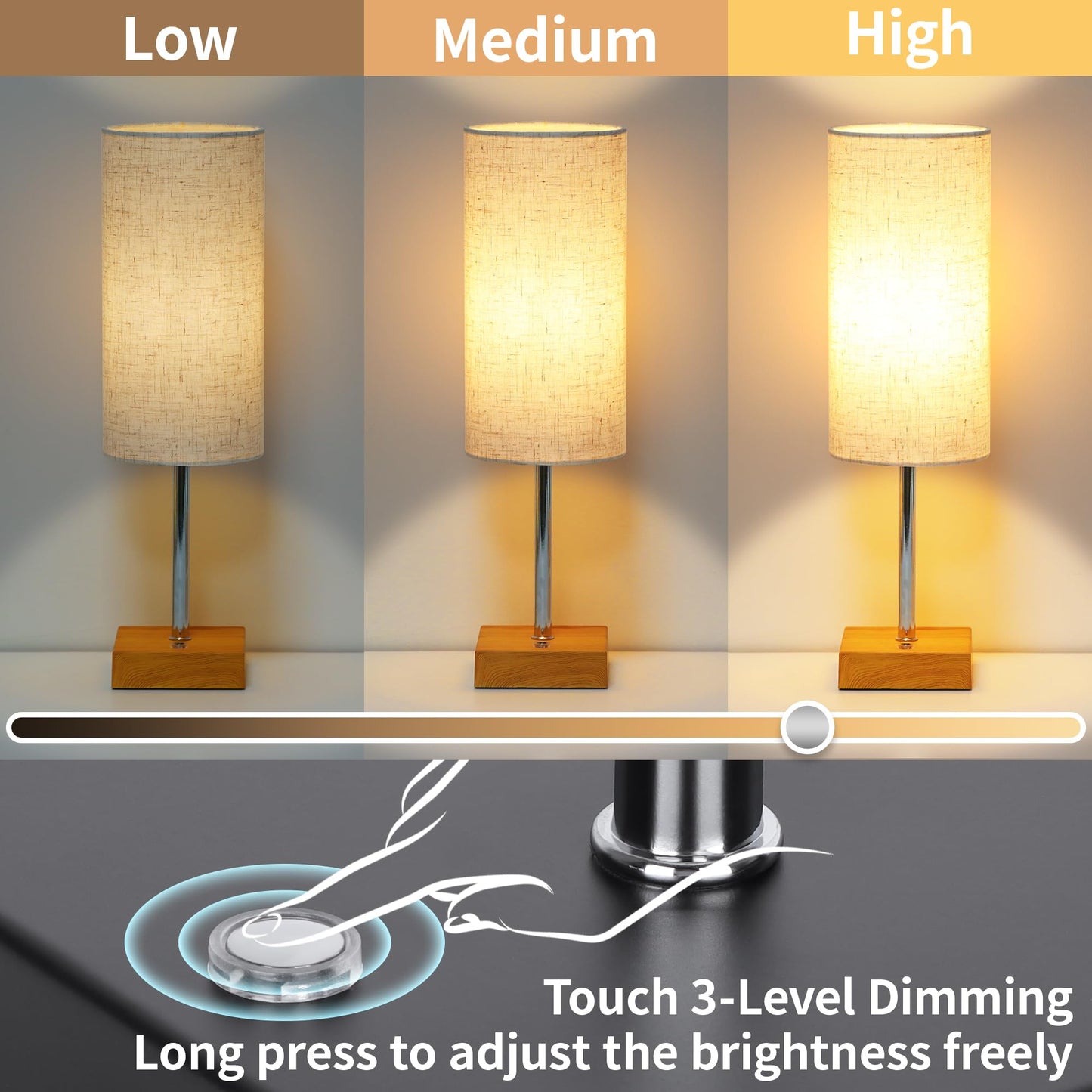 Cordless Table Lamp with Dimmable, Rechargeable 3 Modes Battery Powered Bedside Lamp, rv Essentials Battery Operated Lamps, Touch Lamp for Bedroom, Living Room, Reading Room,15 Inch Beige wood 2PK