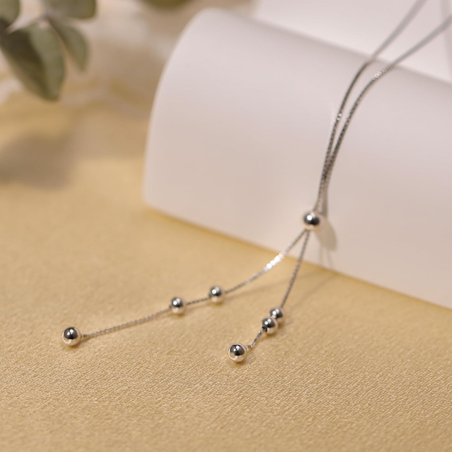 UTISUVIKO Lariat Gold Necklace for Women S925 Sterling Silver Dainty Layered Bead Necklaces Adjustable Y-Shaped Tassel Round Beaded Pendant Long Chain Necklace for Wedding Mother's Day Jewelry(Silver)
