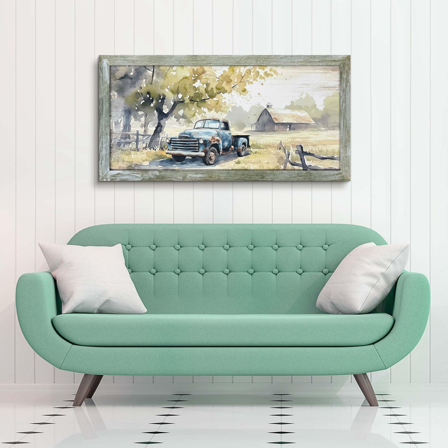 Framed Rustic Barn Wall Art: Large Farm Wooden Country Farmhouse Truck Painting Picture Old Car Countryside Field Landscape Print Artwork for Living Room Bedroom Home Office Decor 48" x 24"