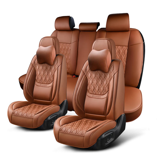 TINRAIYANG Car Seat Covers Full Set, Breathable Leather Automotive Front and Rear Seat Covers & Headrest, Universal Automotive Vehicle Seat Cover for Most Sedan SUV Pick-up Trucks, Brown