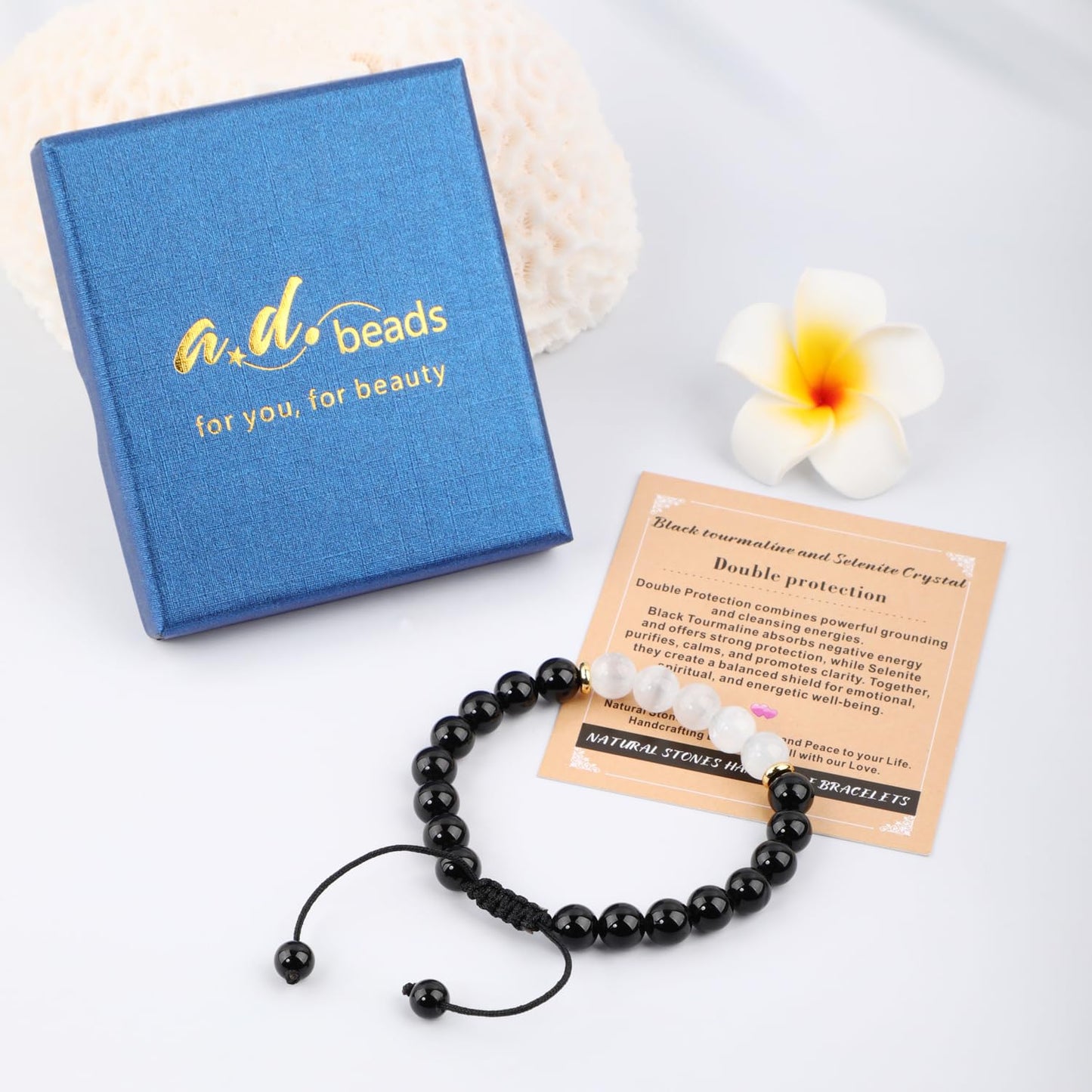 AD Beads 4mm Black tourmaline + Selenite Crystal - Double protection - Handmade Natural Stone Crystal Bracelet with Adjustable Macrame String - Yoga Healing Power Energy Gifts for Men and Women