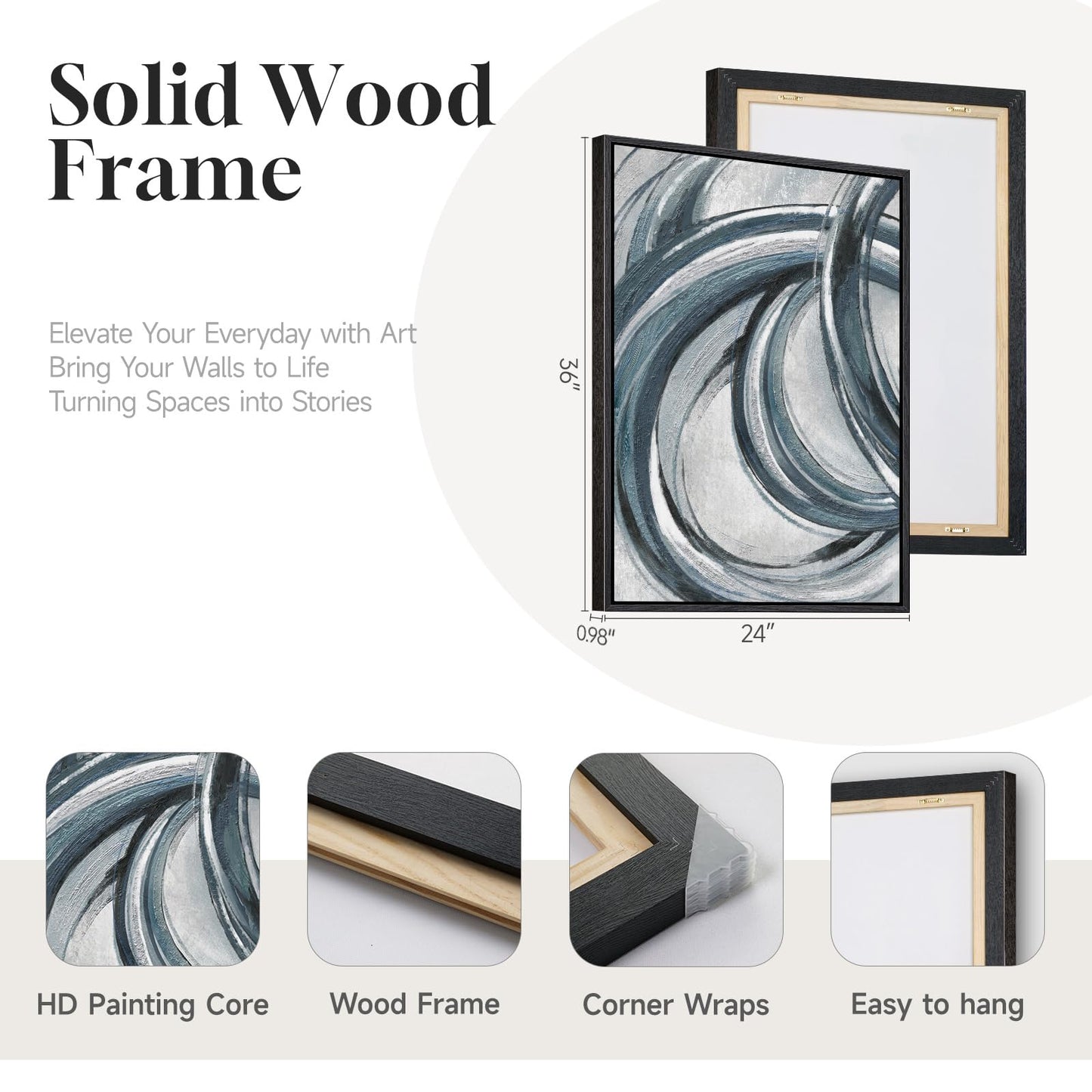 Framed Blue Gray Abstract Wall Art Set of 2, Modern Circle Line Canvas Artwork for Walls, Contemporary Abstract Paintings Prints for Living Room Bedroom Office Hallway Wall Decor, 24x36 In