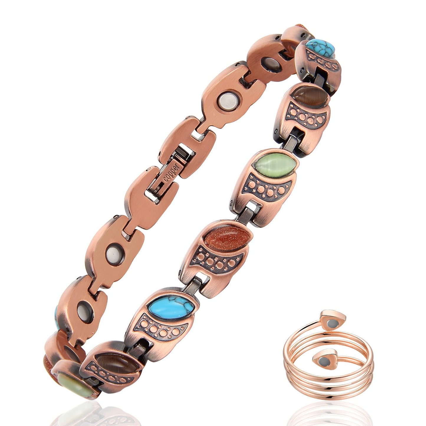 Fashtour 99.99% Pure Copper Magnetic Bracelet and Ring Set for Women, Heart Wire Design Adjustable Jewelry with 3800 Gauss Magnets, Elegant Gift Box (Turquoise and Double Heart Ring Set)
