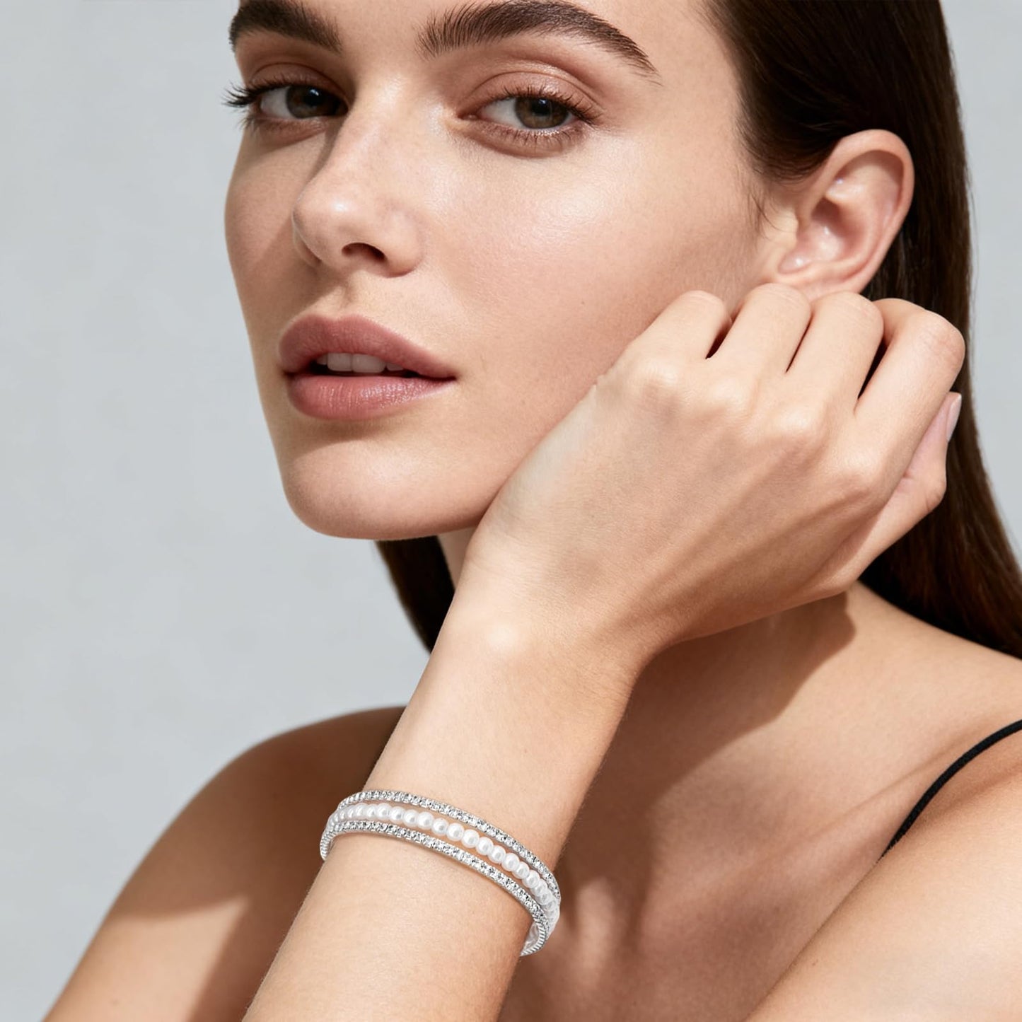 Tidefire Rhinestone Tennis Cuff Bracelet for Women Crystal Bridal Bangle for Prom Wedding Party Dating (1308 Silver)