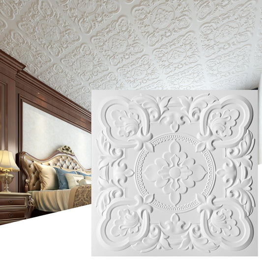 Art3dwallpanels 12 Pack Drop Ceiling Tiles, 24 x 24 Inch High Grade PVC 3D Wall Panels Vintage Flower Pattern for Interior Wall Decor, Fire Rated, Waterproof, White