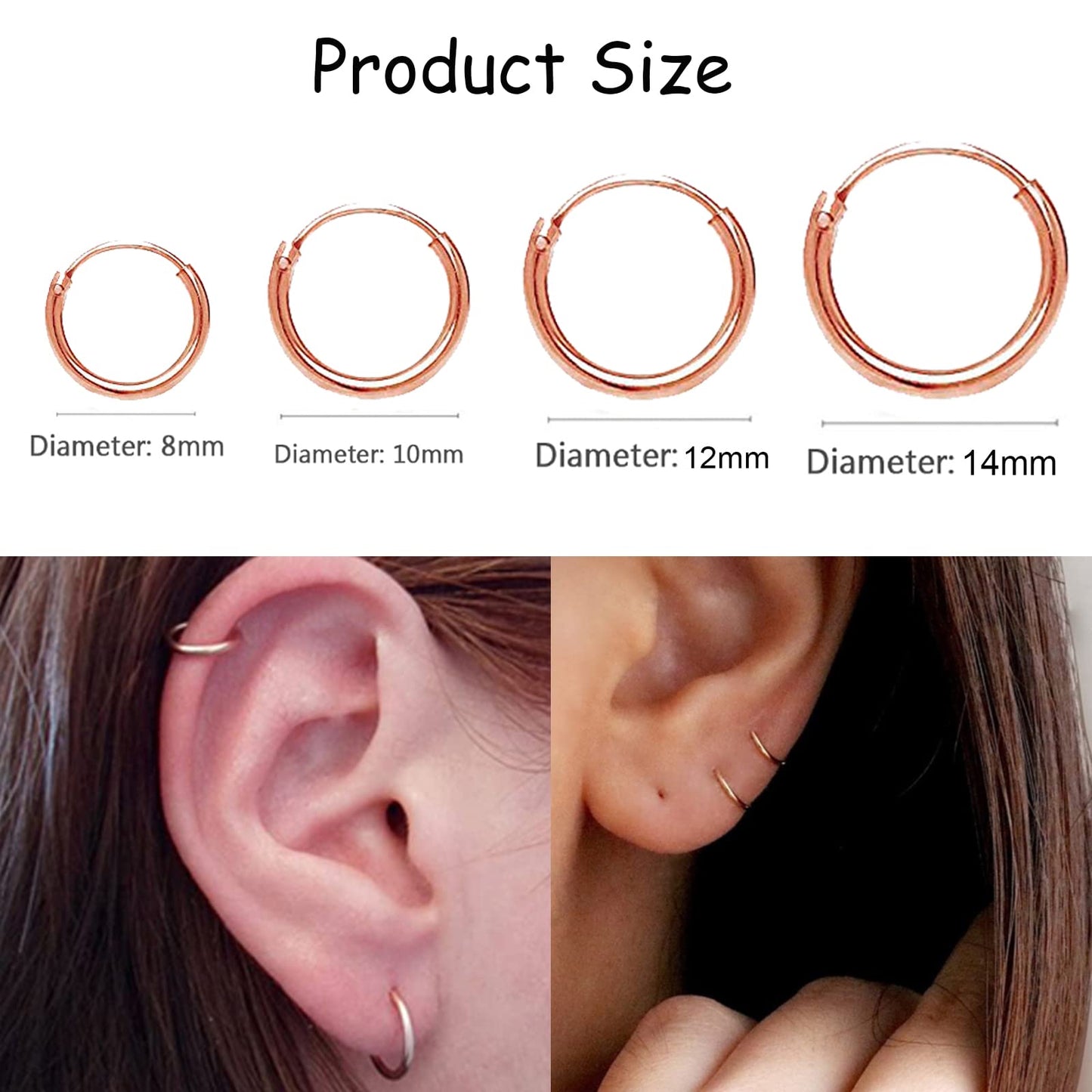 EPIRPRA Silver Hoop Earrings- Cartilage Earring Small Hoop Earrings for Women Men,4 Pairs of Hypoallergenic 925 Sterling Silver Tragus Earrings(Rose Gold, 8mm/10mm/12mm/14mm)