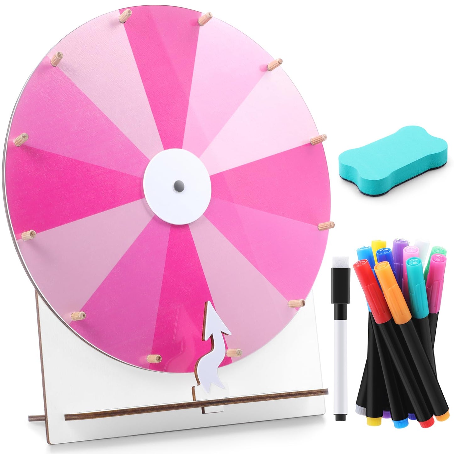 Memorywuu 11.4 Inch Spinning Wheel Erasable Raffle Spin the Wheel Game with Stand and Arrow Wooden Prize Tabletop Spinner Raffle Roulette for Wedding Family Bridal Party Baby Shower Games(Pink)