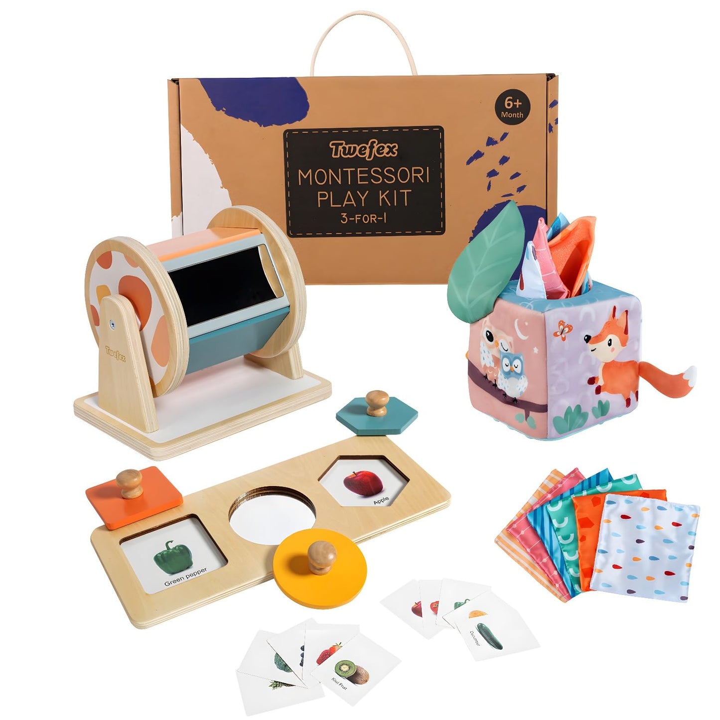 Twefex Montessori Toys for Babies 6-12 Months - 3 in 1 Baby Toys Play Kit - Medium Spinning Drum - Baby Tissue Box Toy - Peekaboo Knob Puzzle with Cards - Learning Educational Toy for Boys and Girls