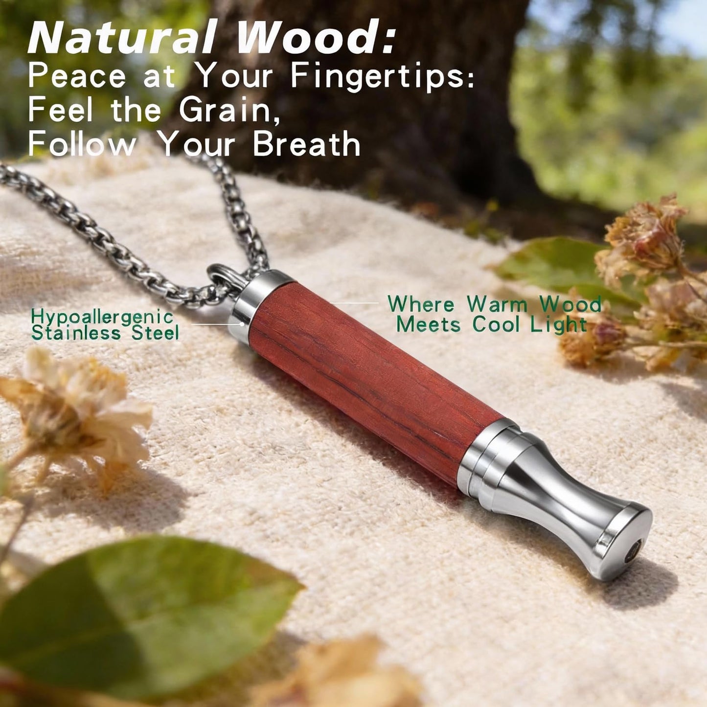 BOLAGTIER Mindful Breathing Necklace: Natural Wood Fidget Charm for Anxiety Relief & Quit Smoking Aid, Stainless Steel Sensory Pendant to Calm Your Mind (Steel)