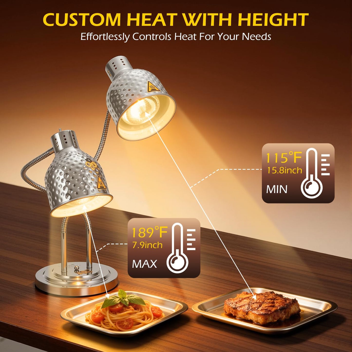 Dyna-Living Food Heat Lamp, 2-Head Adjustable Commercial Food Warmer Lamp Portable Electric Heat Lamp for Food Catering Warming Lights for Buffet Parties Restaurant Kitchen, 500W Silver