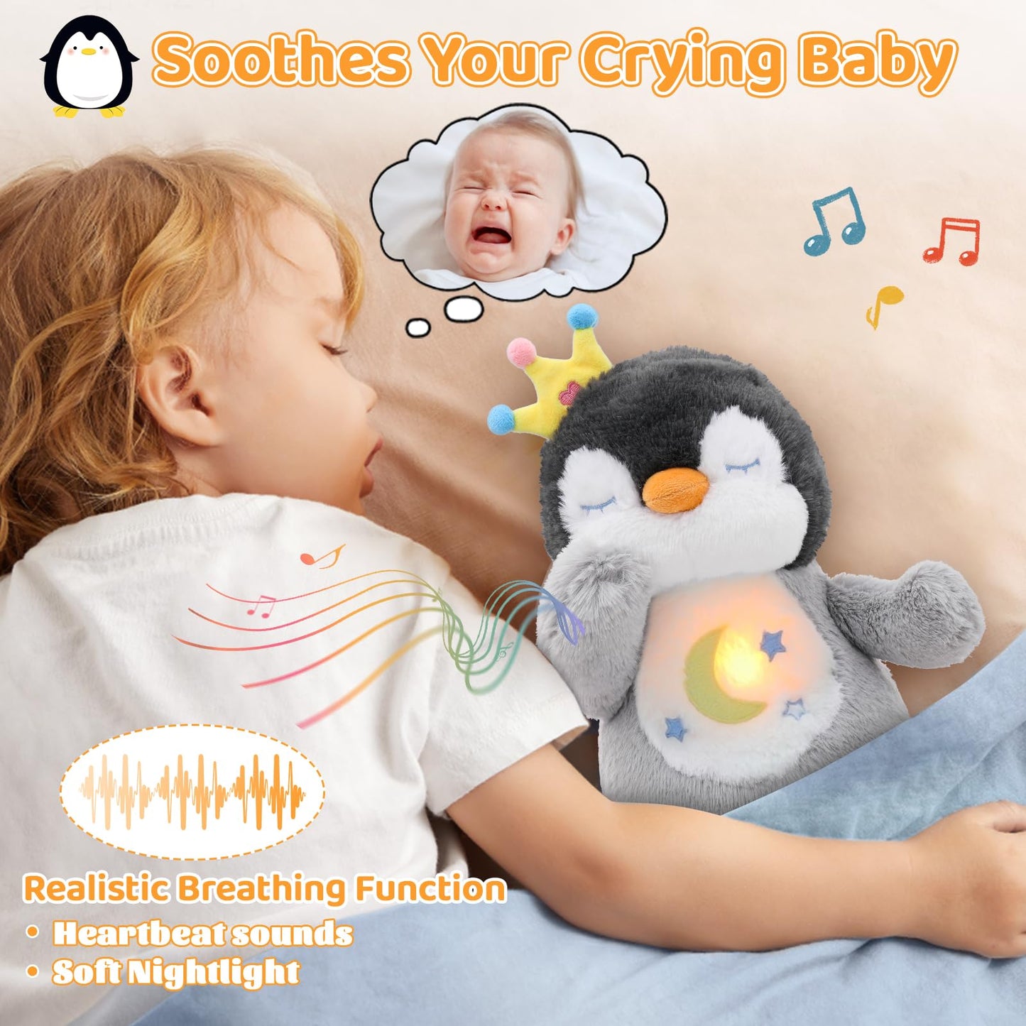 Emoin Breathing Stuffed Penguin Plush, Animal Breathing Penguin Plush Toy with Lights and Music Penguin Gifts Stuff for Adults and Kids