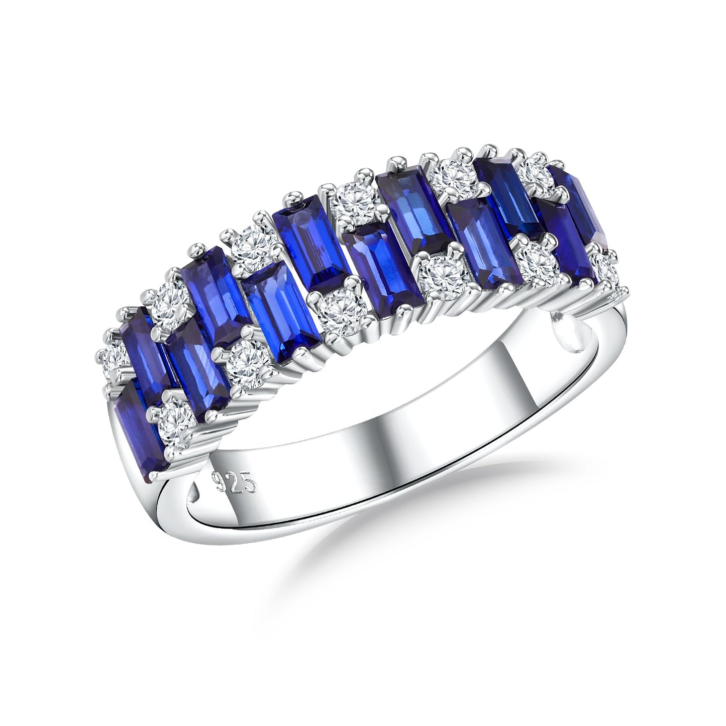 RANDES Sapphire Eternity Band Rings for Women Baguette Wedding Band 925 Sterling Silver Blue Stone Ring Anniversary Jewelry Size 7