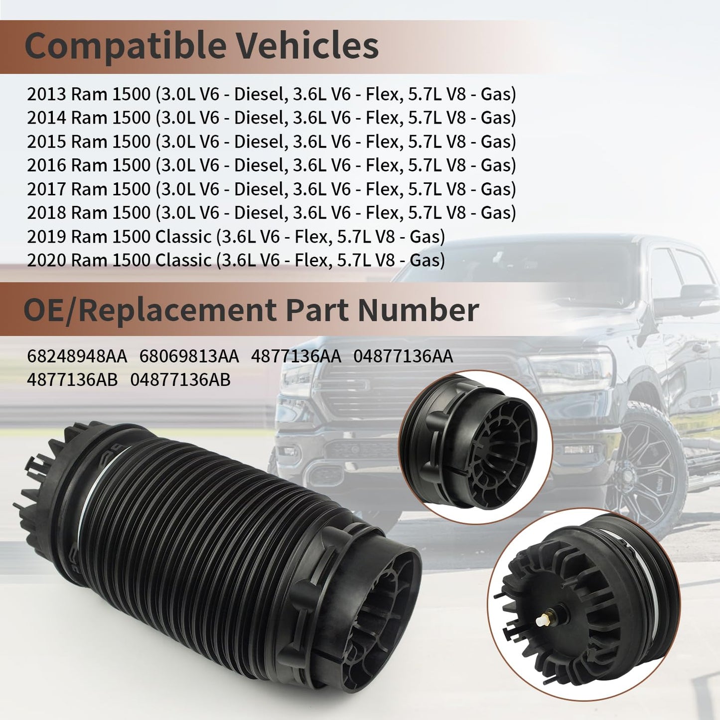 2PCS Rear Air Bag Suspension Kit, Air Spring for Dodge Ram 1500 2013-2018 Classic 2019 2020, Air Bags for Trucks Automotive Replacement Left Right 68248948AA, 4877136AA, 4877136AB
