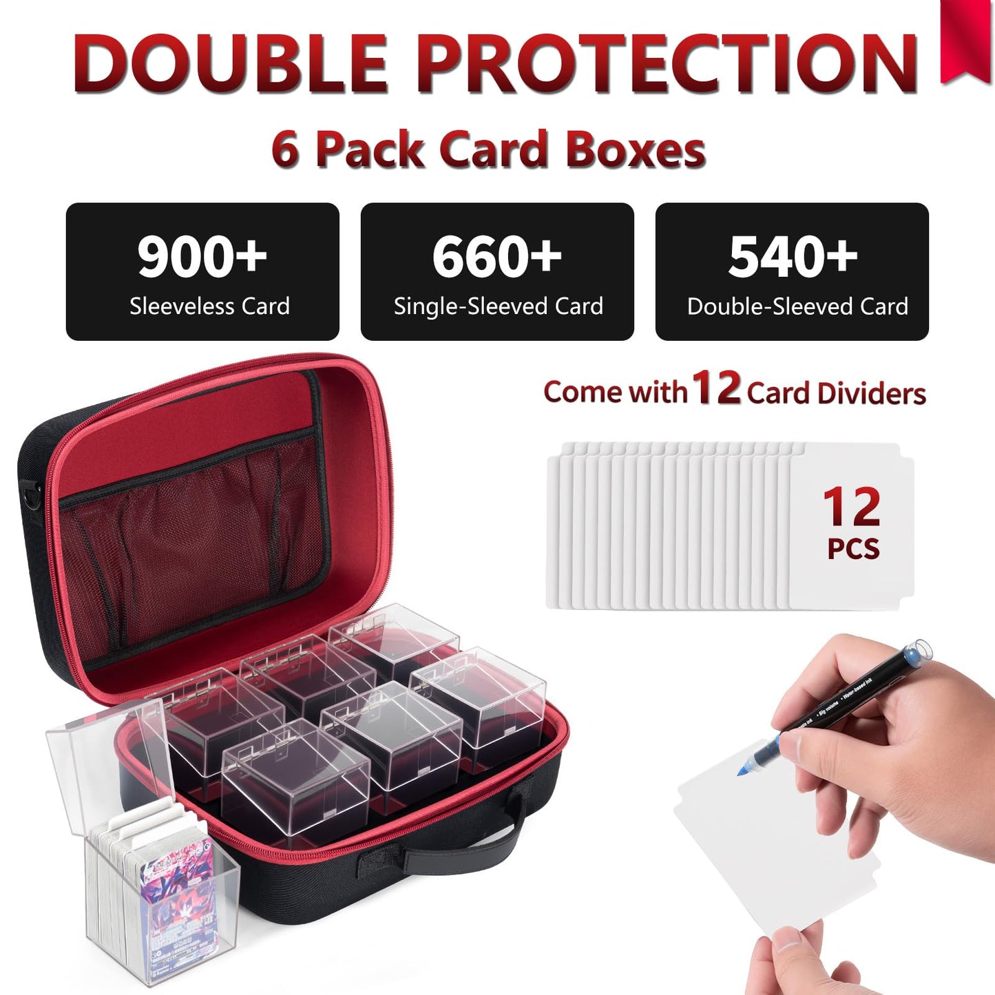 NIFUYOP Trading Card Storage Box with Carrying Case, 6 Clear Commander Deck Box Hold 540+ Double Sleeved Cards, Travel Card Organizer with 12 Dividers for MTG, TCG, YuGiOh, Sports, Magic Cards