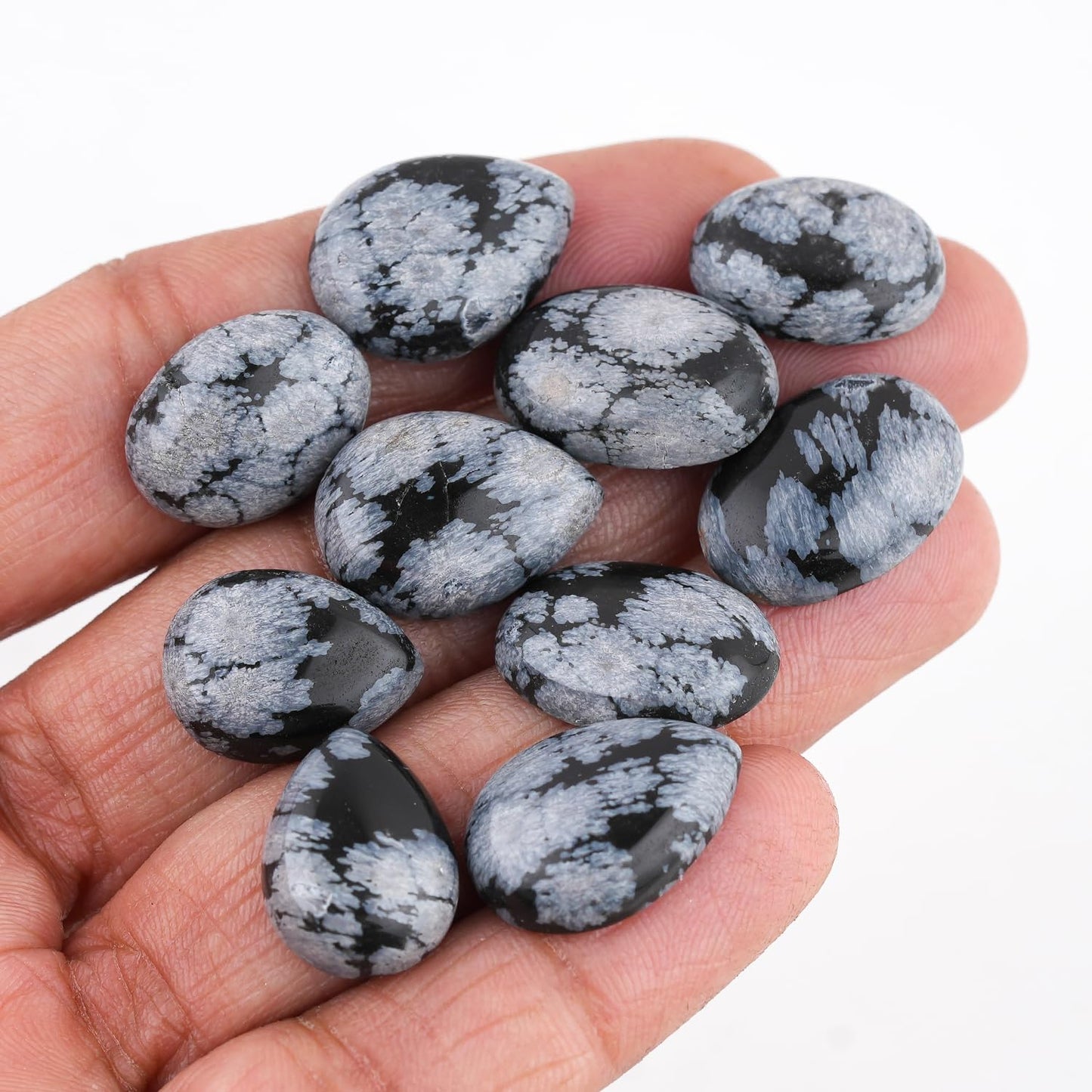 GemSymphony 100 Carat Natural Snowflake Obsidian Gemstone Cabochon Lot Mixed Shapes – 12 pcs Hand Polished Crystal Stones for Jewelry Making, Healing, Reiki, Craft Supplies, Unique Cab Set for Wire Wrapping & Collectors (10-20 mm)