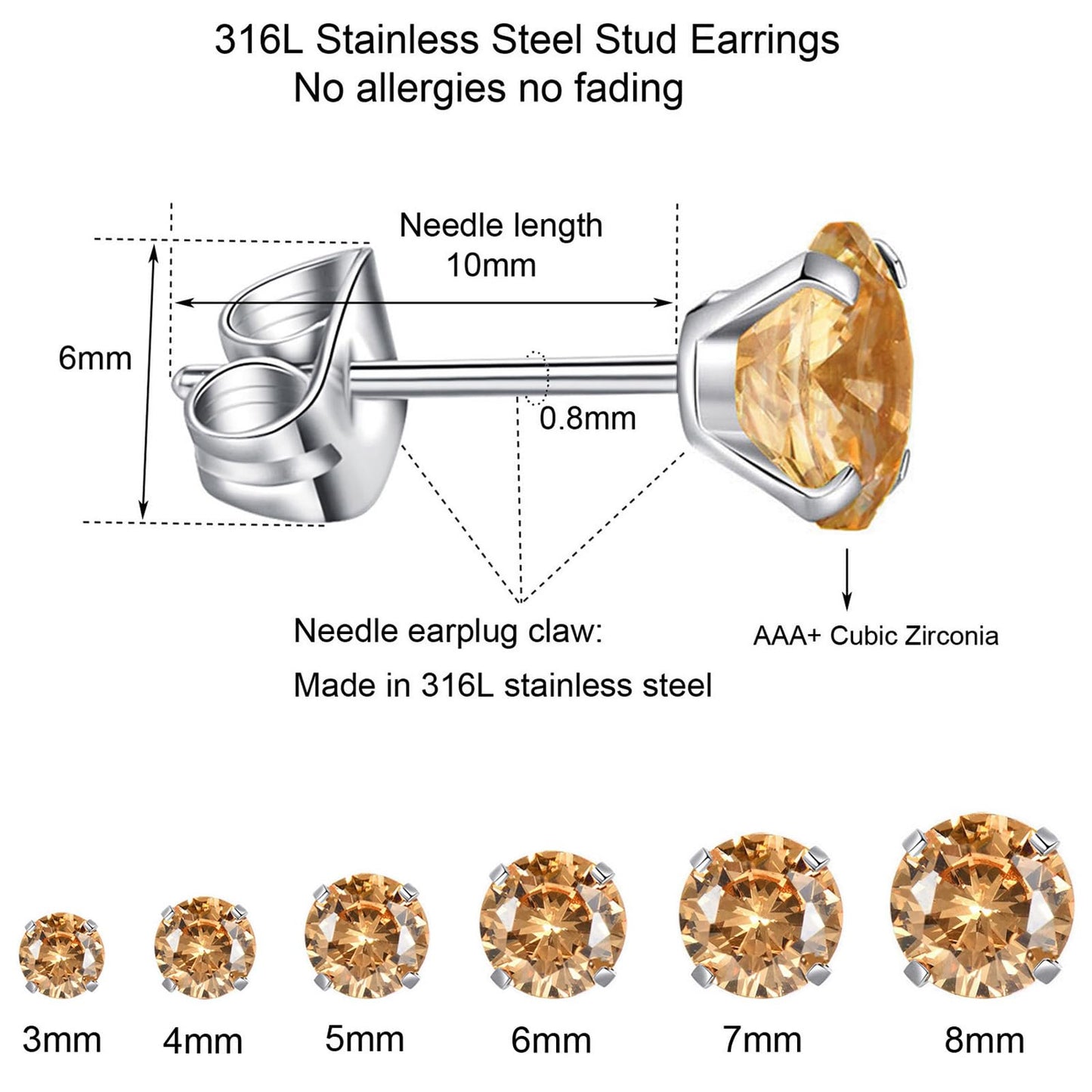 6 Pairs Stud Earrings Set, Hypoallergenic Cubic Zirconia Earrings 316L Stainless Steel CZ Earrings 3-8mm (Champagne CZ)