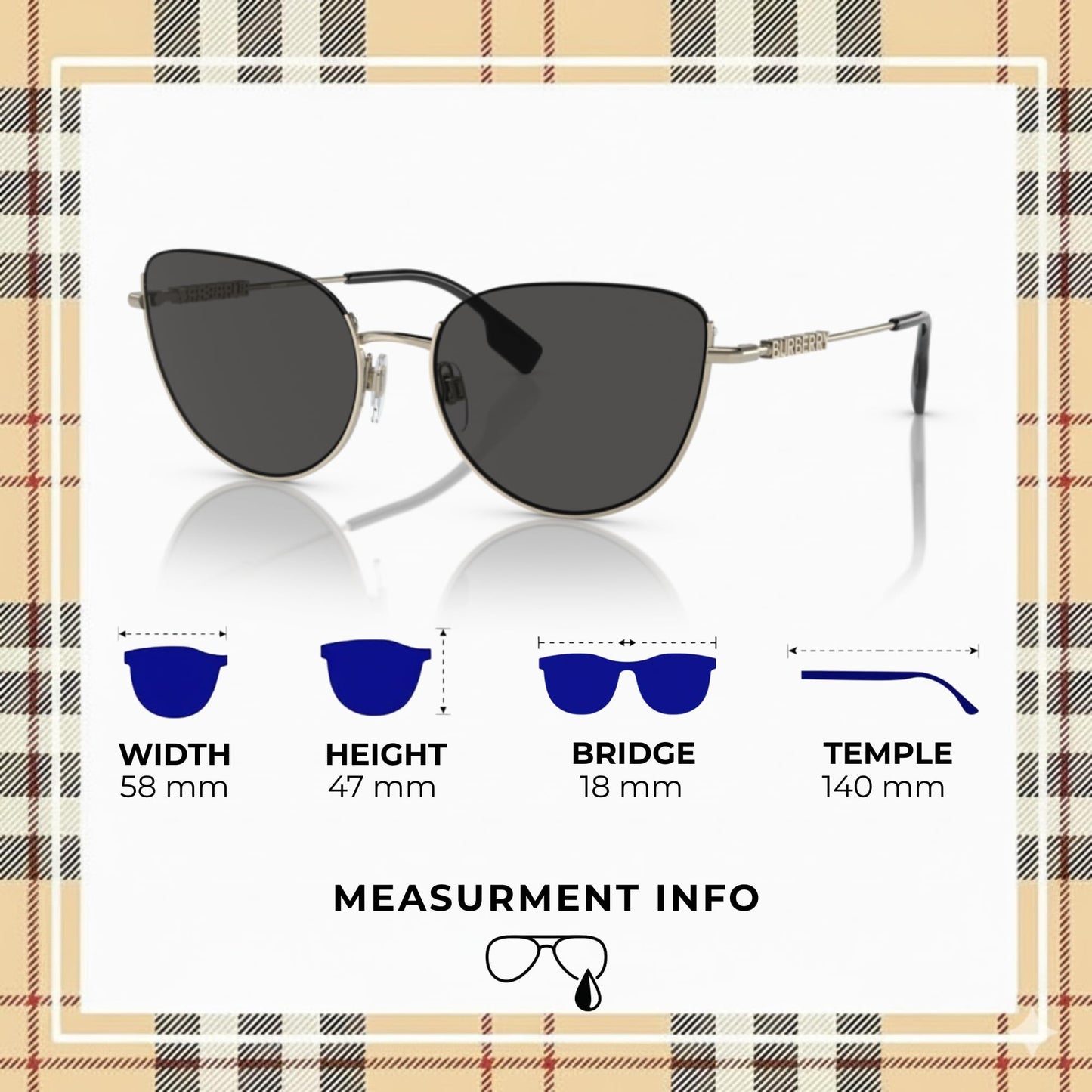 BURBERRY HARPER BE3144 Cat eye Shape Steel Sunglasses with Luxury Eyewear Kit