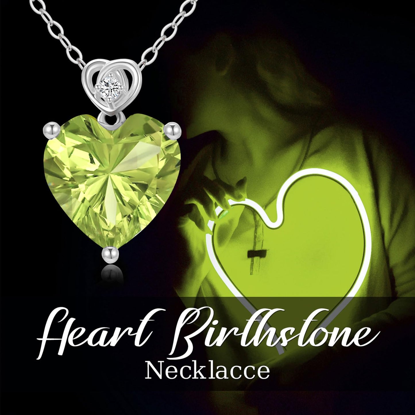NFYBD 14k White Gold Love Heart Peridot Birthstone Pendant Necklace for Women 3 Carat Heart-cut Created Gemstone Anniversary Birthday Mother's Day Necklaces for Her-aug