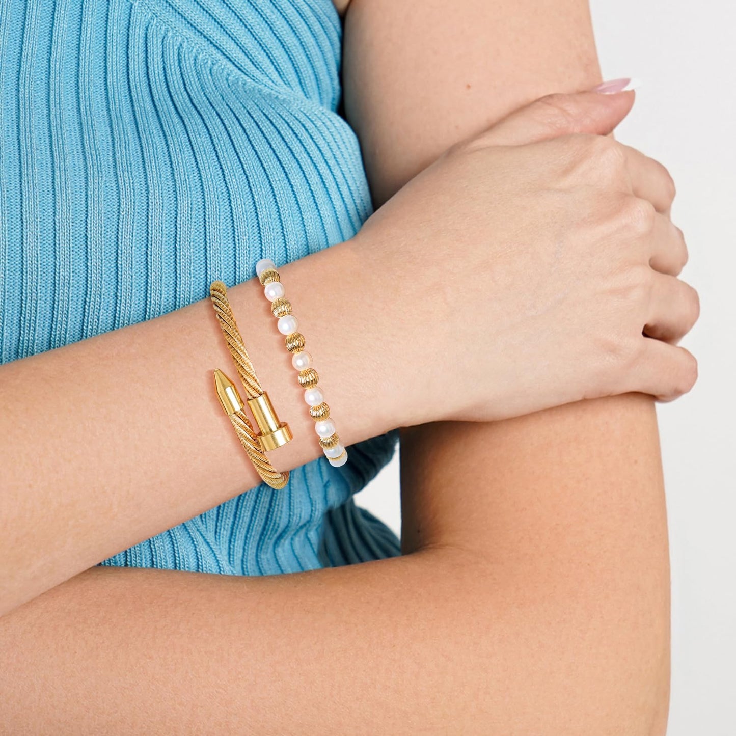 LCTrusttmor Gahna 18K Gold Plated Bangle Bracelet for Women, Non-Tarnish Stackable Nail Bracelets Set With Beaded, Dainty Adjustable Cubic Zirconia Snake Chain With Pearl Crystal Beaded, Trendy Jewelry Mother's Day Birthday Gifts for Lover Mom Her
