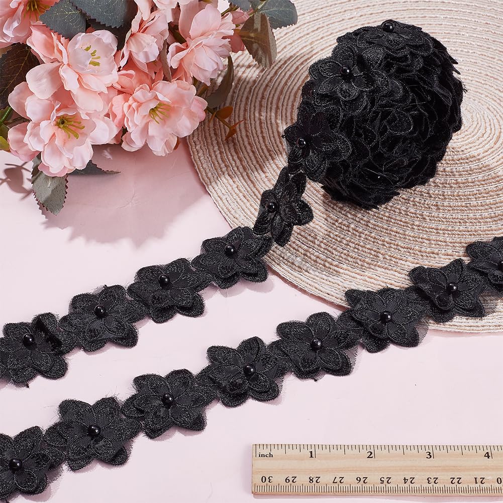 HOBBIESAY 4 Yards Pearl Trim Organza Lace Ribbon 1.67 Inch Wide Black Organza Flower Trim 3D Embroidered Applique Fabric for Sewing Craft Wedding Bridal Dress Clothes Embellishment