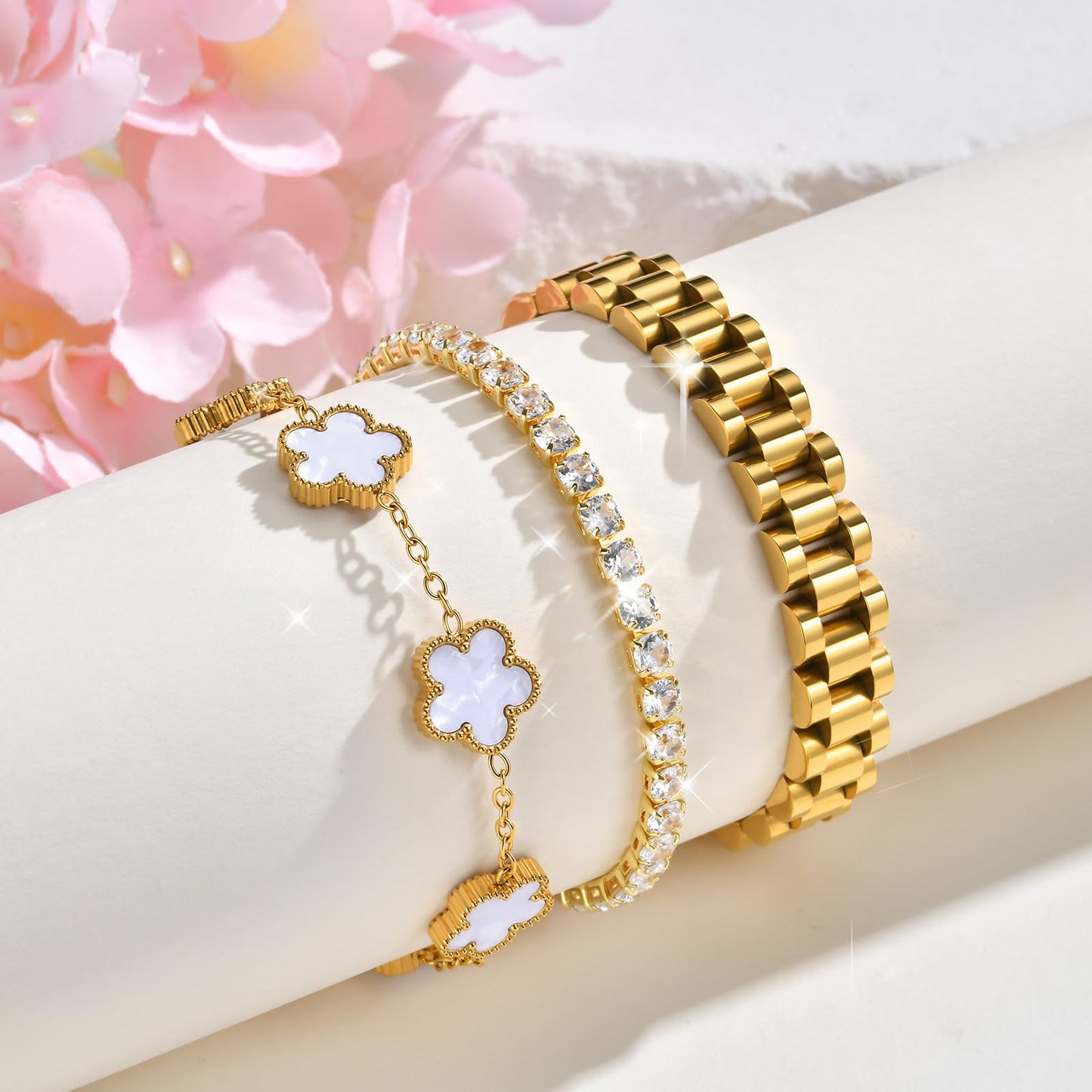 Stackable Gold Floral Bracelets Set - 3pcs 18K Gold Plated Bracelet Non-tarnish,Stainless Steel Link Chain Friendship Bracelet,Watch Band Trendy Jewelry,Christmas Valentines Birthday Gifts for Women