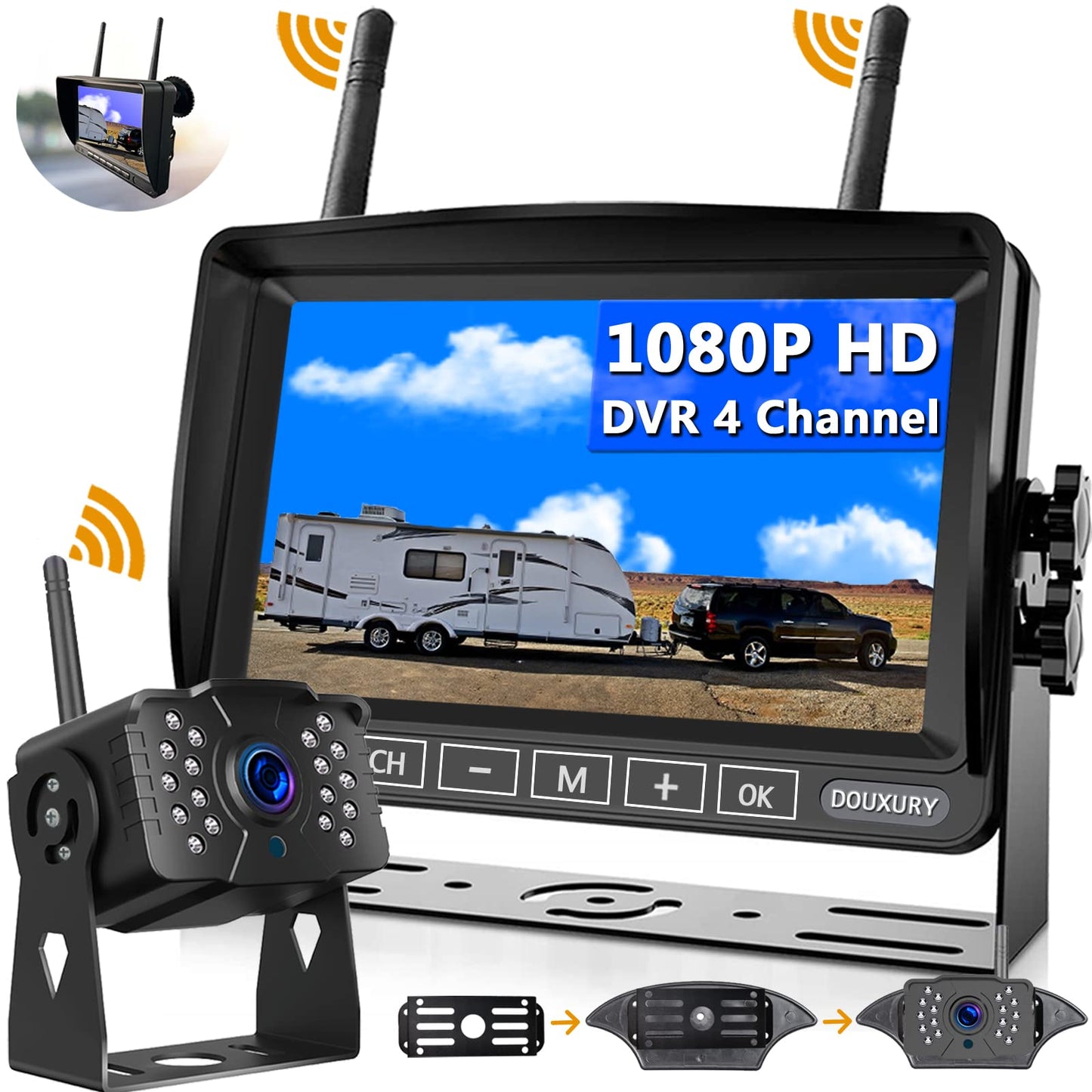 RV Backup Camera Wireless DOUXURY IP69 Waterproof 170° Wide View Angle HD 1080P Rear View Camera + HD LCD 7" Monitor, Digital Wireless Camera System for RV Truck 5th Wheel Trailer Pickup Camper Bus