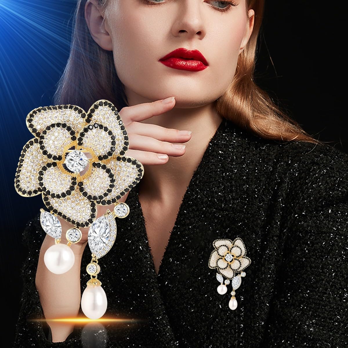 EMEGCY Tassel Camellia Brooch Pins for Women Camellia Brooch Pin 18K Gold Plated Rhinestone Flower Lapel Pin Gold Flower Jewelry Gift for Mom Wife