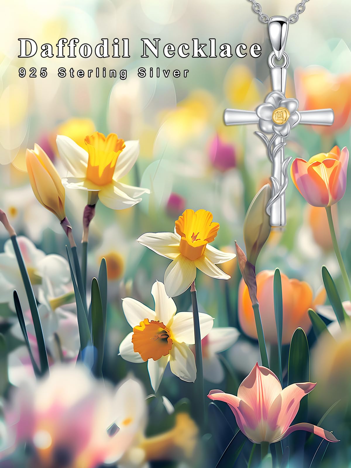 Cargari Daffodil Necklace for Women Sterling Silver Daffodil Cross Pendant Birth Flower Cross Necklace Jewelry Gifts for Women
