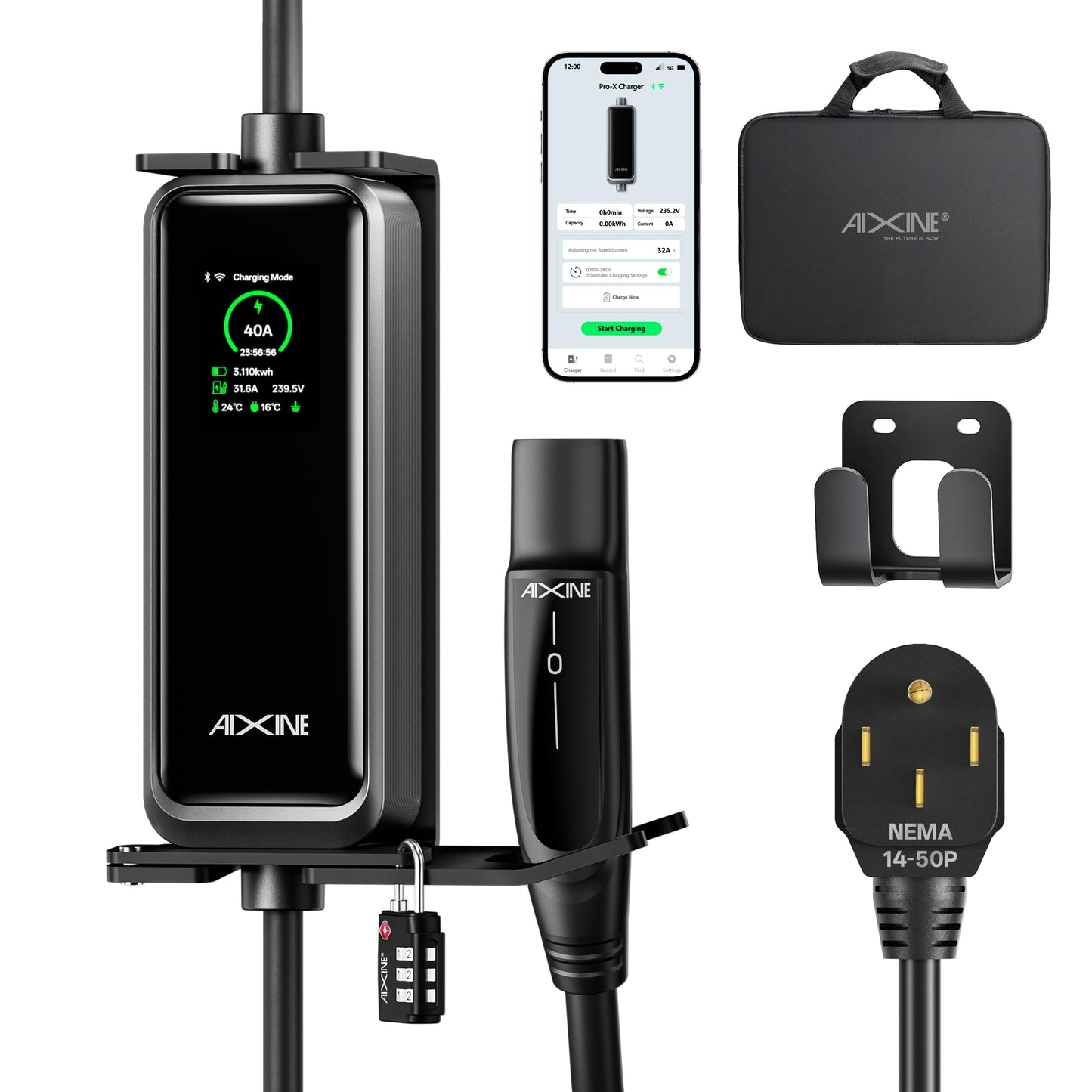 AIXINE Level 2 EV Charger,Tesla EV Charger NACS 40A with 25FT Extension Cord Cable,Enhanced WiFi Smart App,240V NEMA 14-50 Plug Compatible with All Tesla Models X/Y/3/S,UL,ETL,FCC Certified